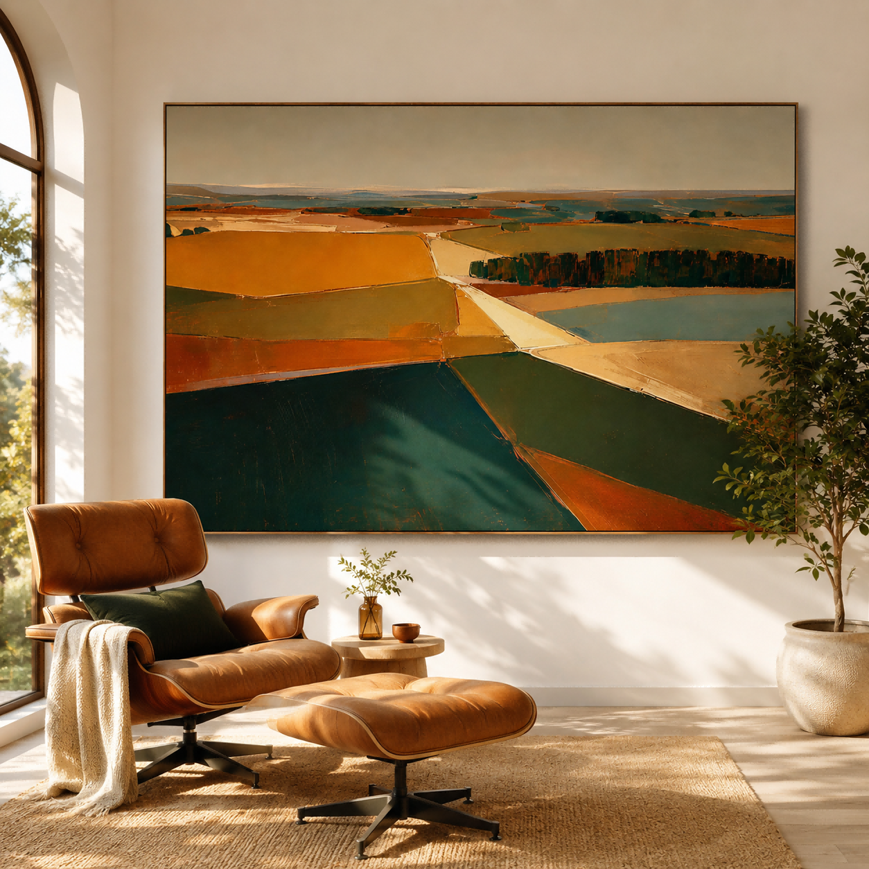 Modern Abstract Landscape Painting With Earth Tones For Living Room Decor
