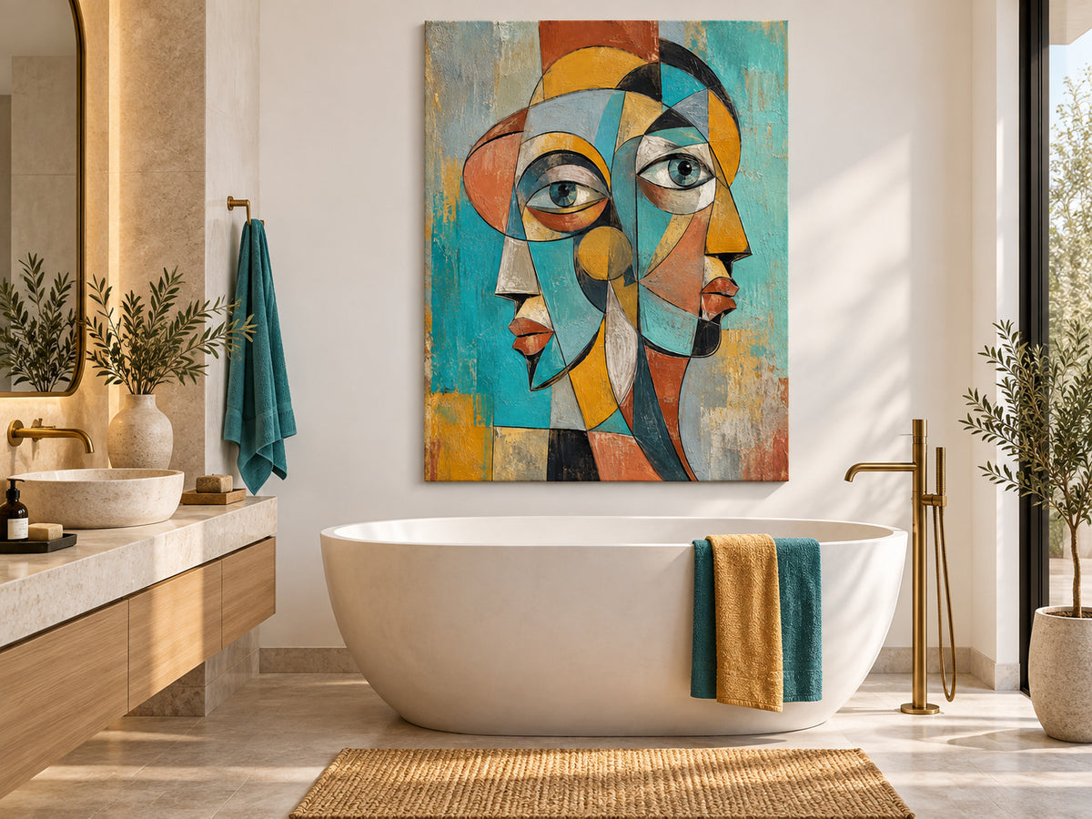Vintage Cubist Style Hand Painted Art With Textured Finish