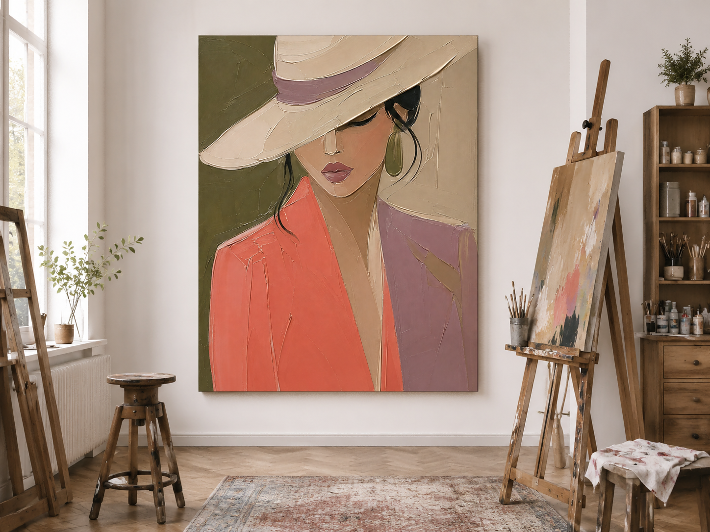 Modern Abstract Woman Portrait Painting With Hat Impasto Texture Square Canvas Art For Living Room