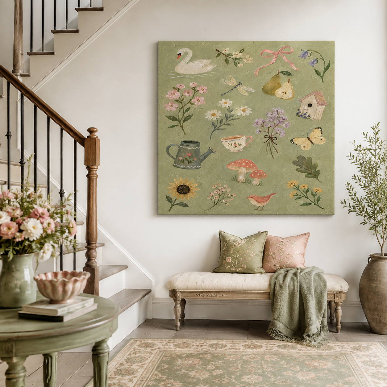 Square Canvas Wall Art Featuring Whimsical Garden Elements In Retro Style