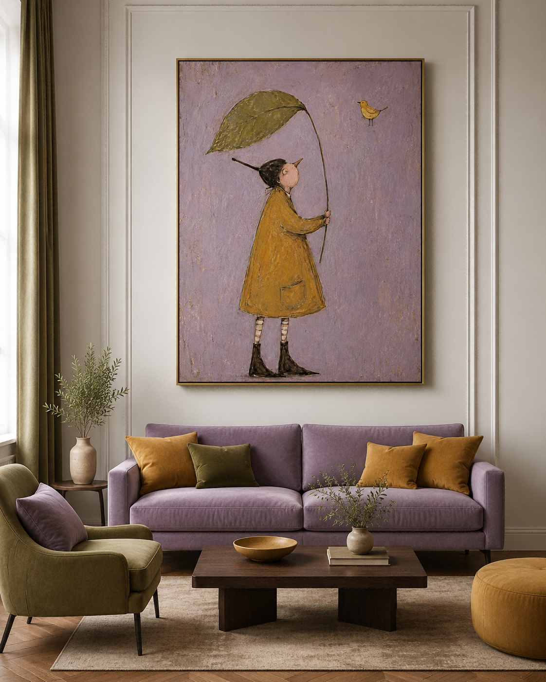 Whimsical Person With Leaf And Bird Vintage Canvas Painting