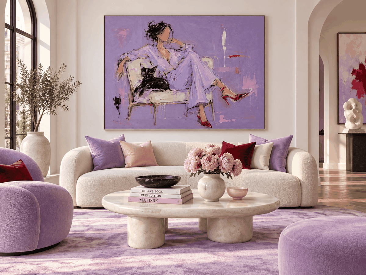 Woman With Black Cat Hand-Painted Canvas Art Abstract Fashion Art With Textured Purple And Red Accents