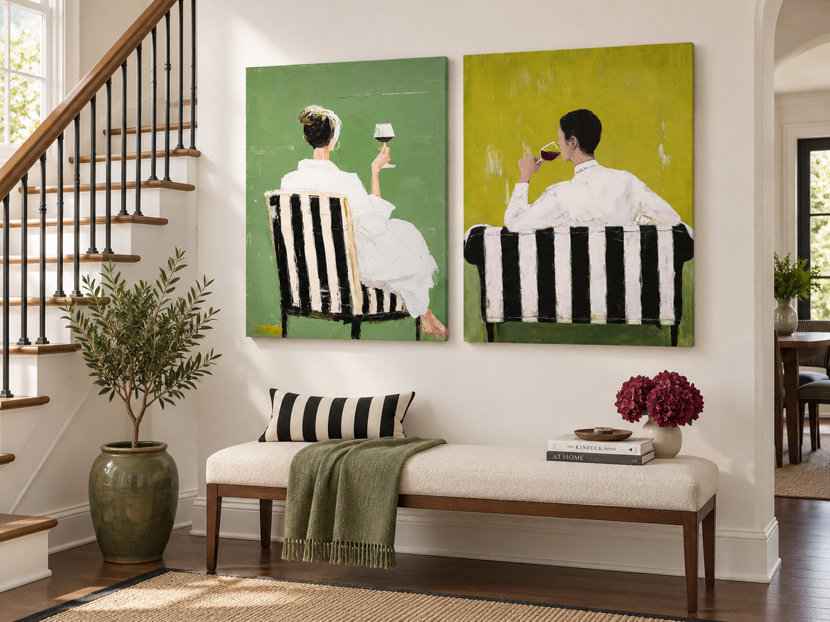 Modern Living Room Wall Art Diptych Of Wine Lovers In Green Tones