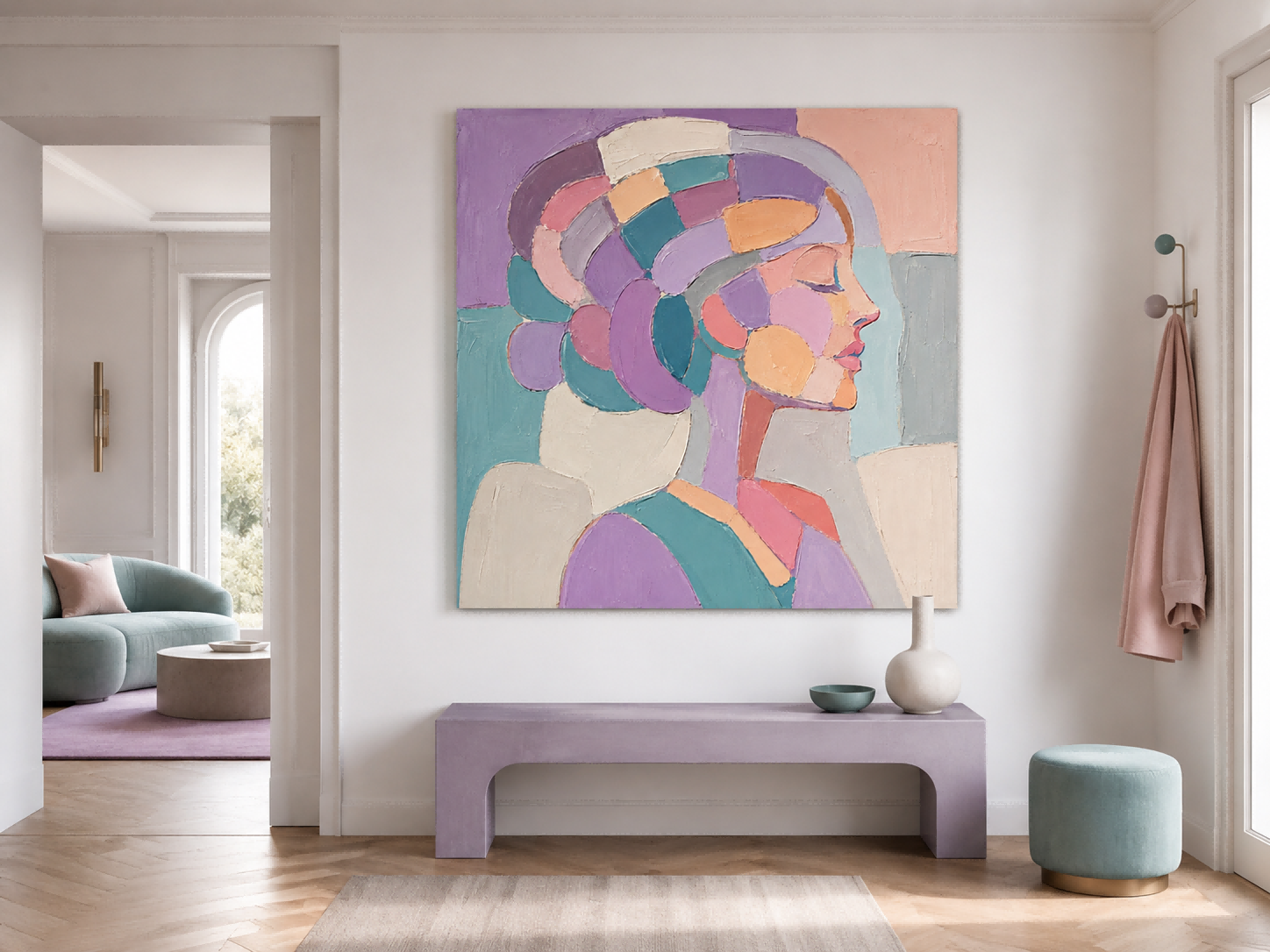 Minimalist Female Profile Art In Pastel Colors Square Canvas Print For Bedroom