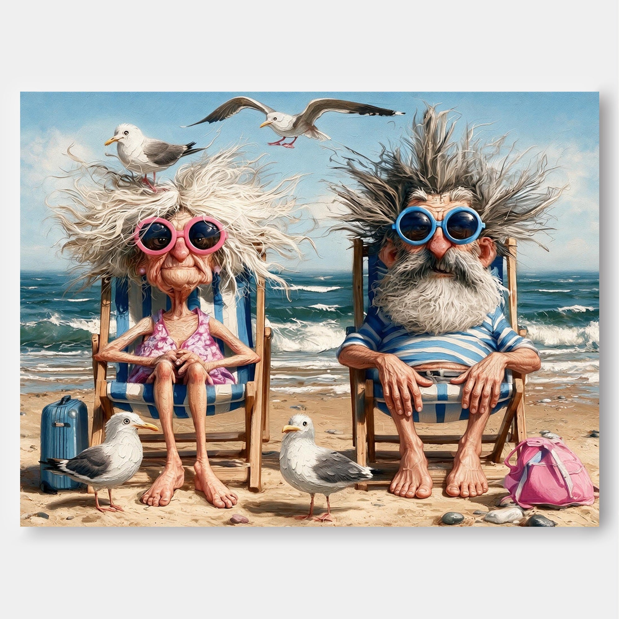 Retro Vintage Style Funny People Painting With Blue Sky And Ocean Waves