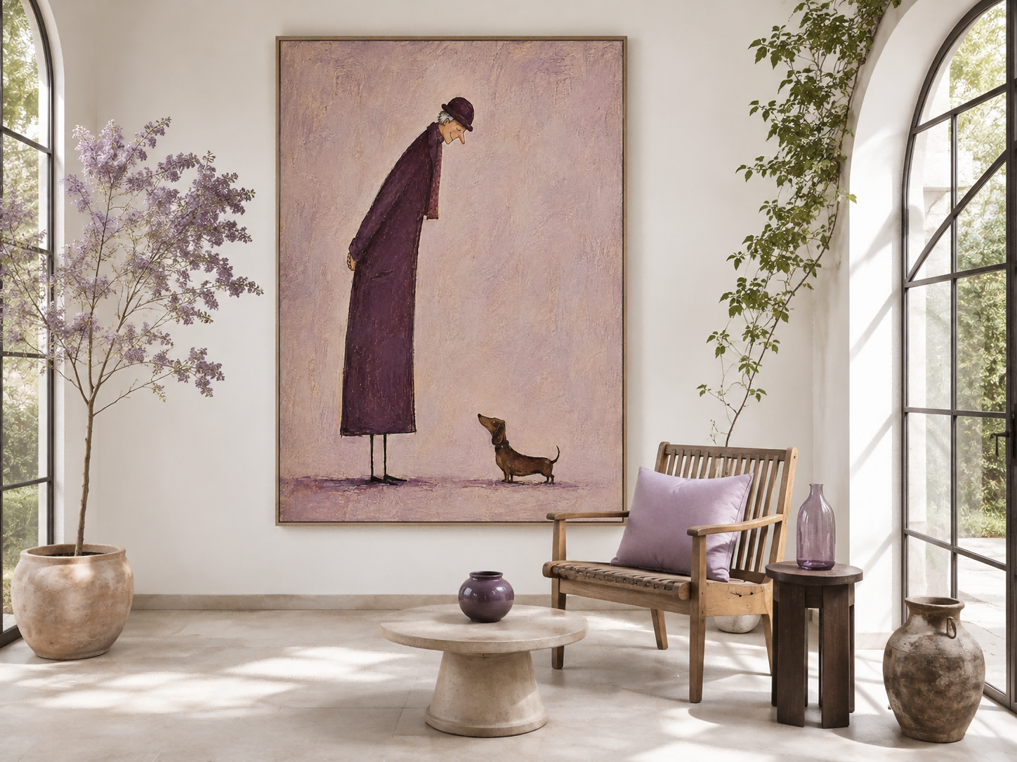 Emotional Pet Portrait Art Featuring Dachshund And Owner In Purple