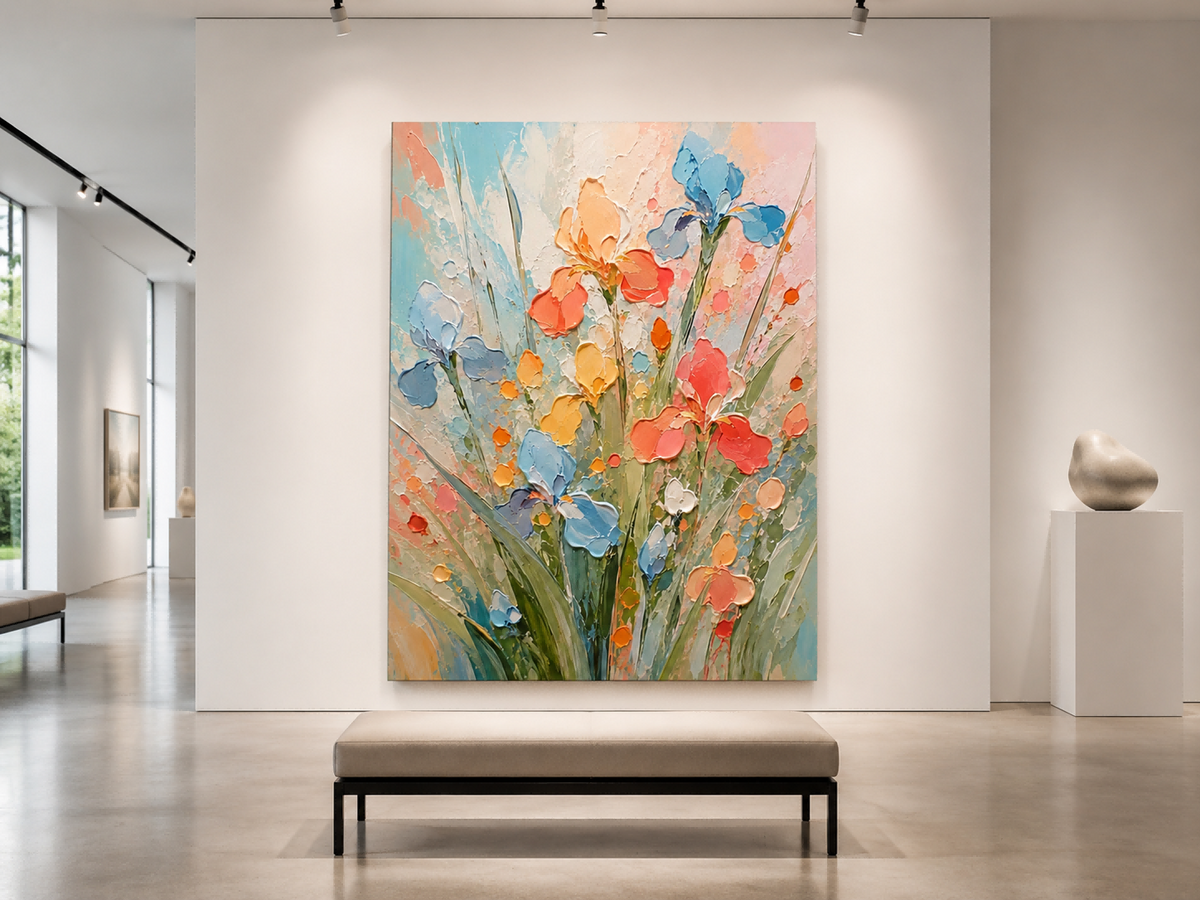 Hand-Painted Abstract Iris Flower Canvas Art With Thick Texture