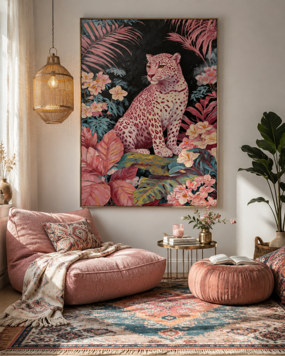 Pink Leopard Painting In Tropical Jungle For Modern Living Room Wall Art Decor
