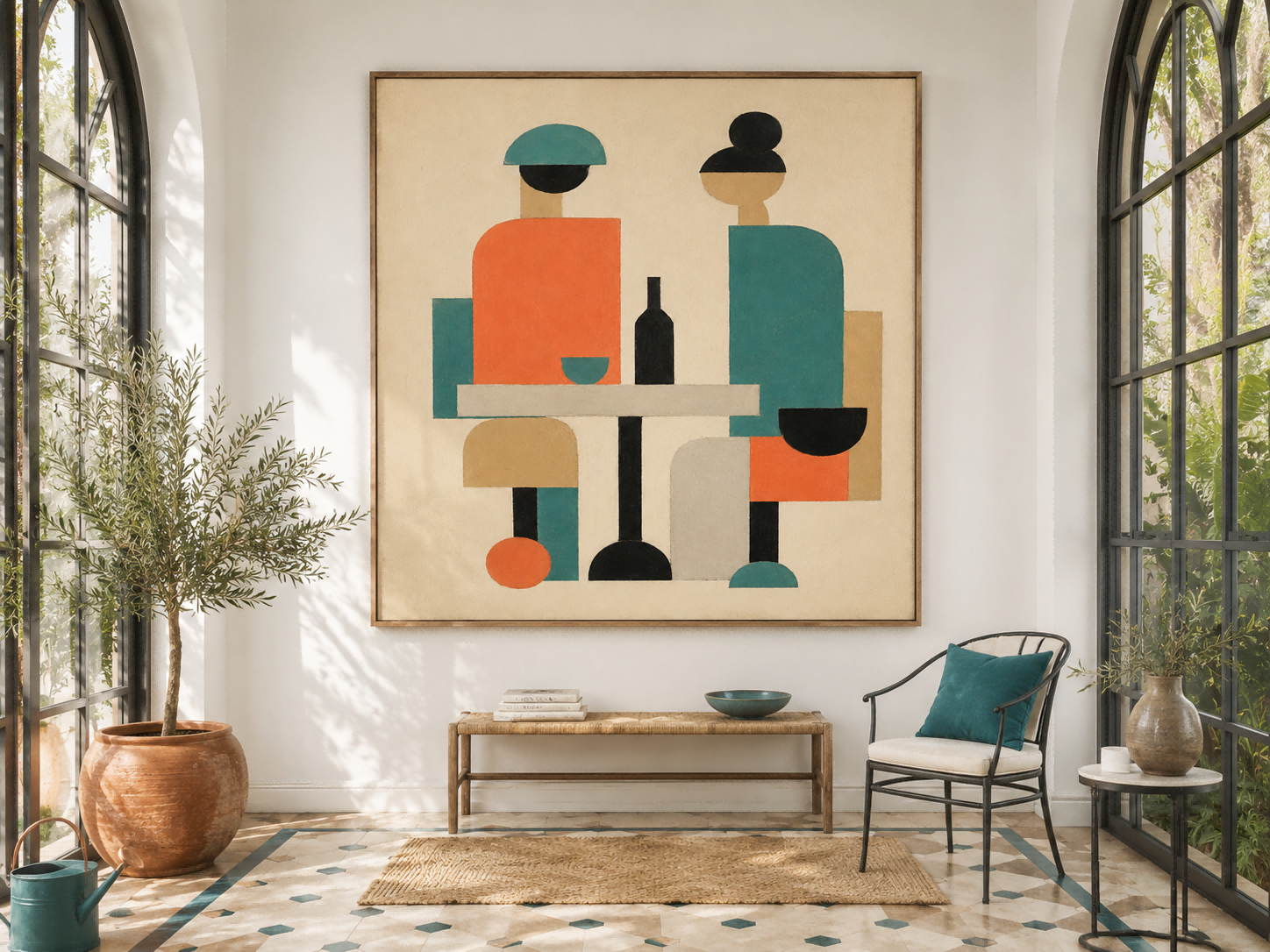 Abstract People Canvas Painting Geometric Figures With Wine Bottle