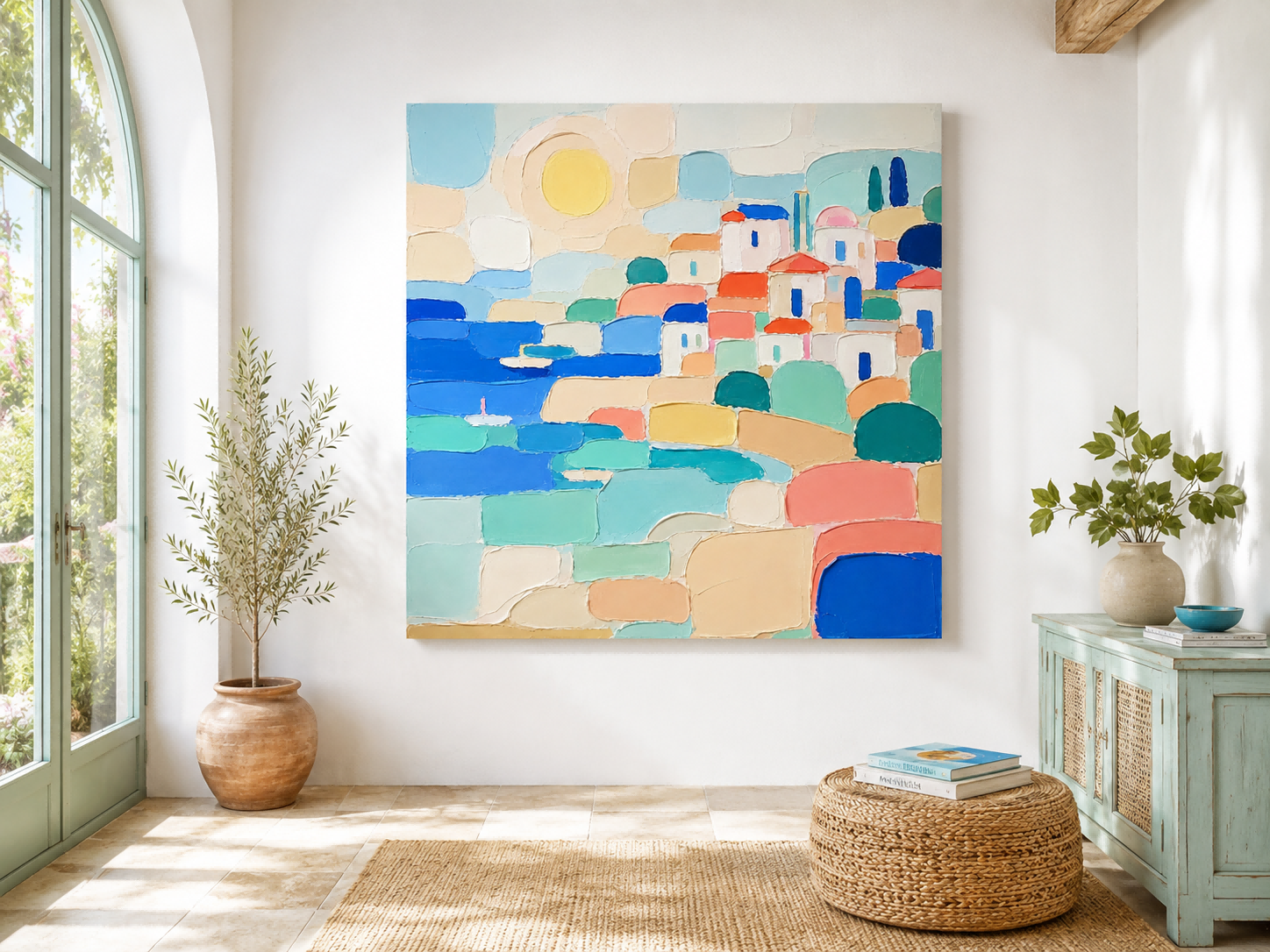 Abstract Mediterranean Town Seascape Hand-Painted Canvas Art With Blue And Orange Tones