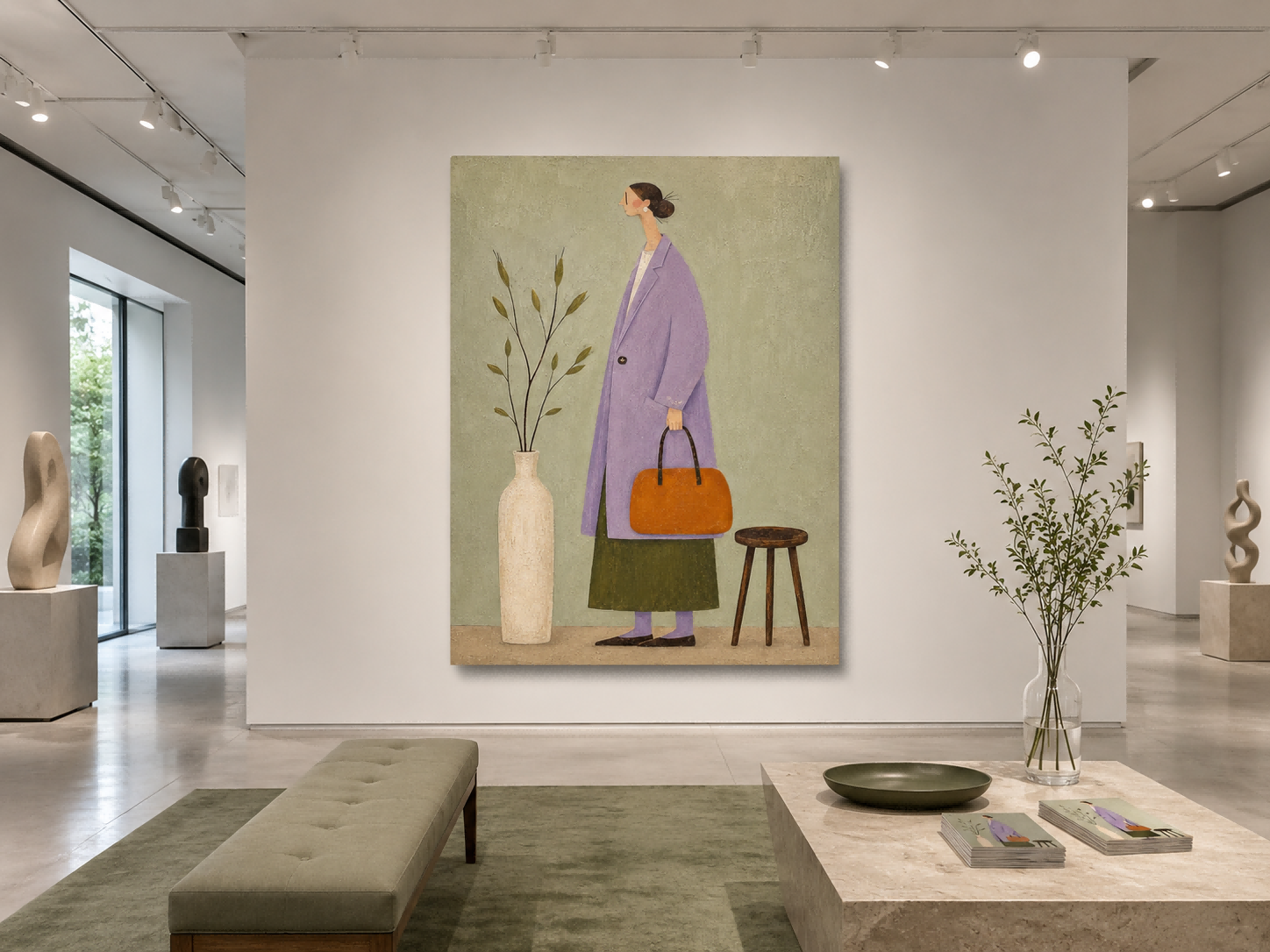 Charming Naive Art Painting Of Woman In Purple Coat For Modern Home Decor