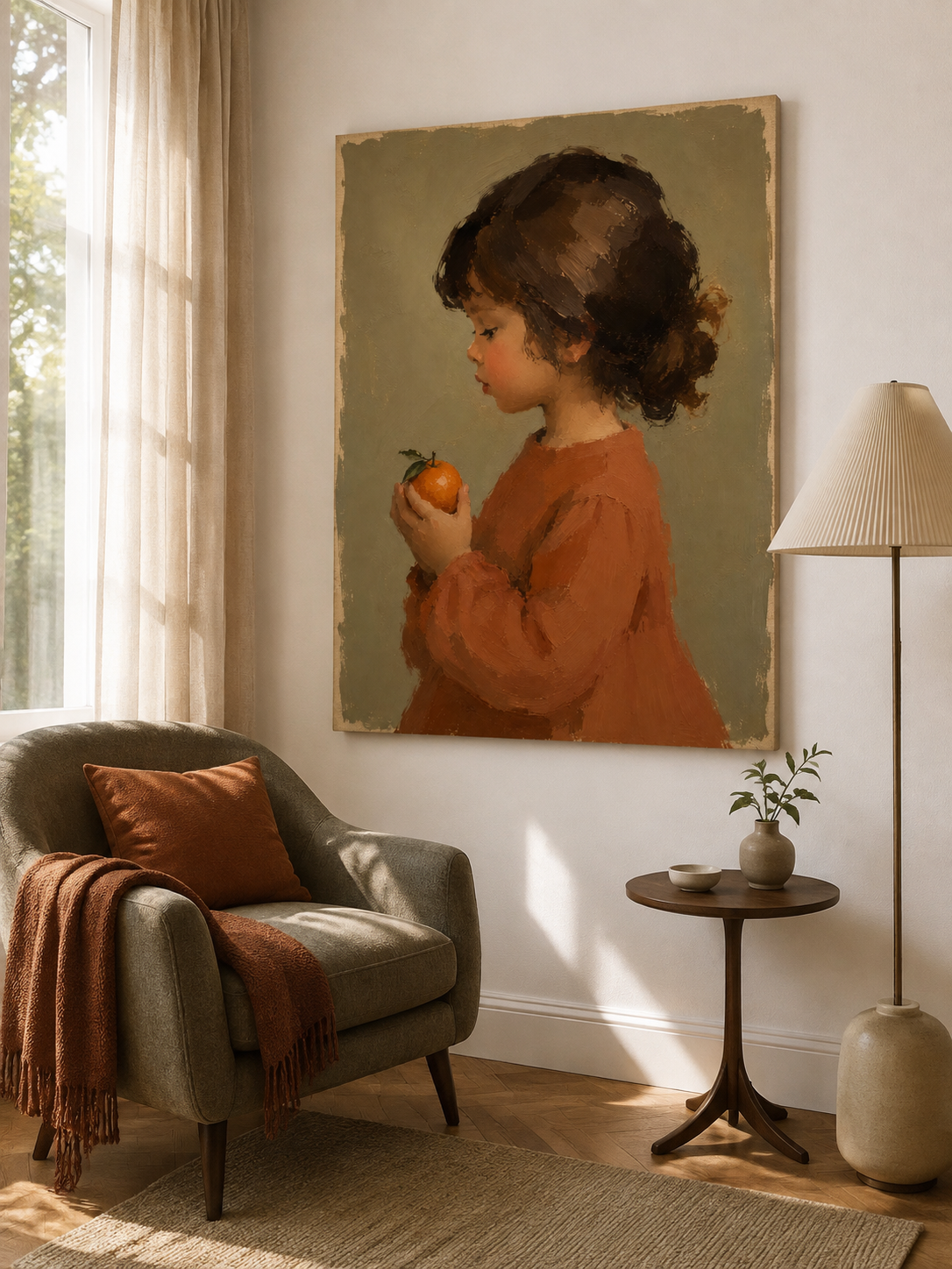 Vintage Girl Portrait With Orange Hand-Painted Canvas Art In Warm Earth Tones