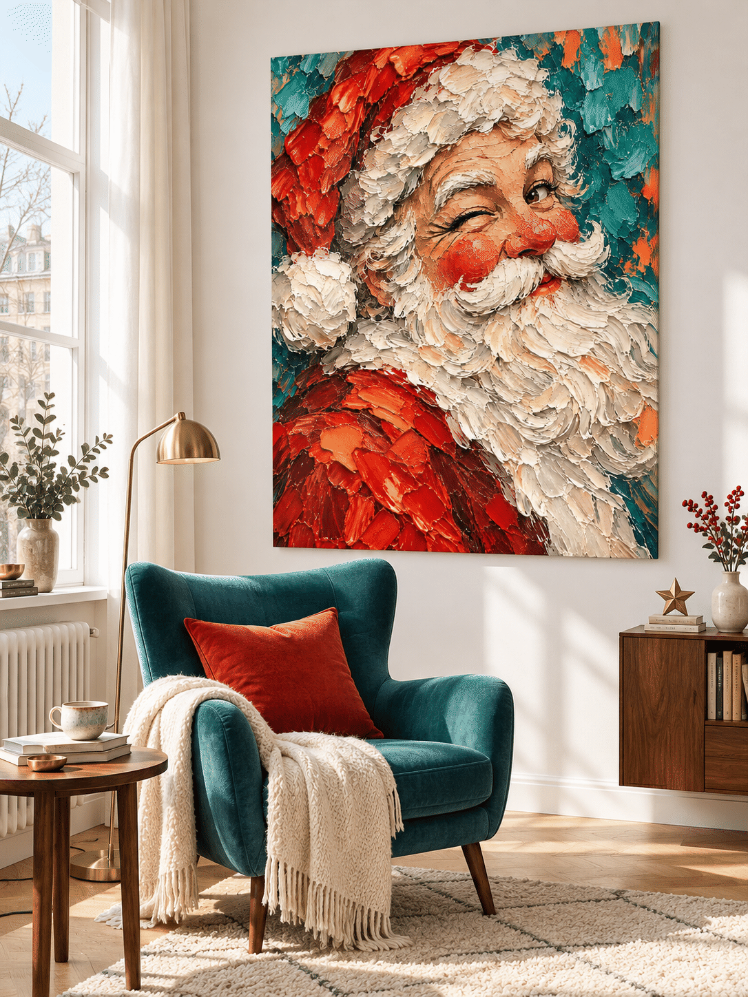Hand-Painted Winking Santa Portrait Canvas Art With Red And Teal Colors