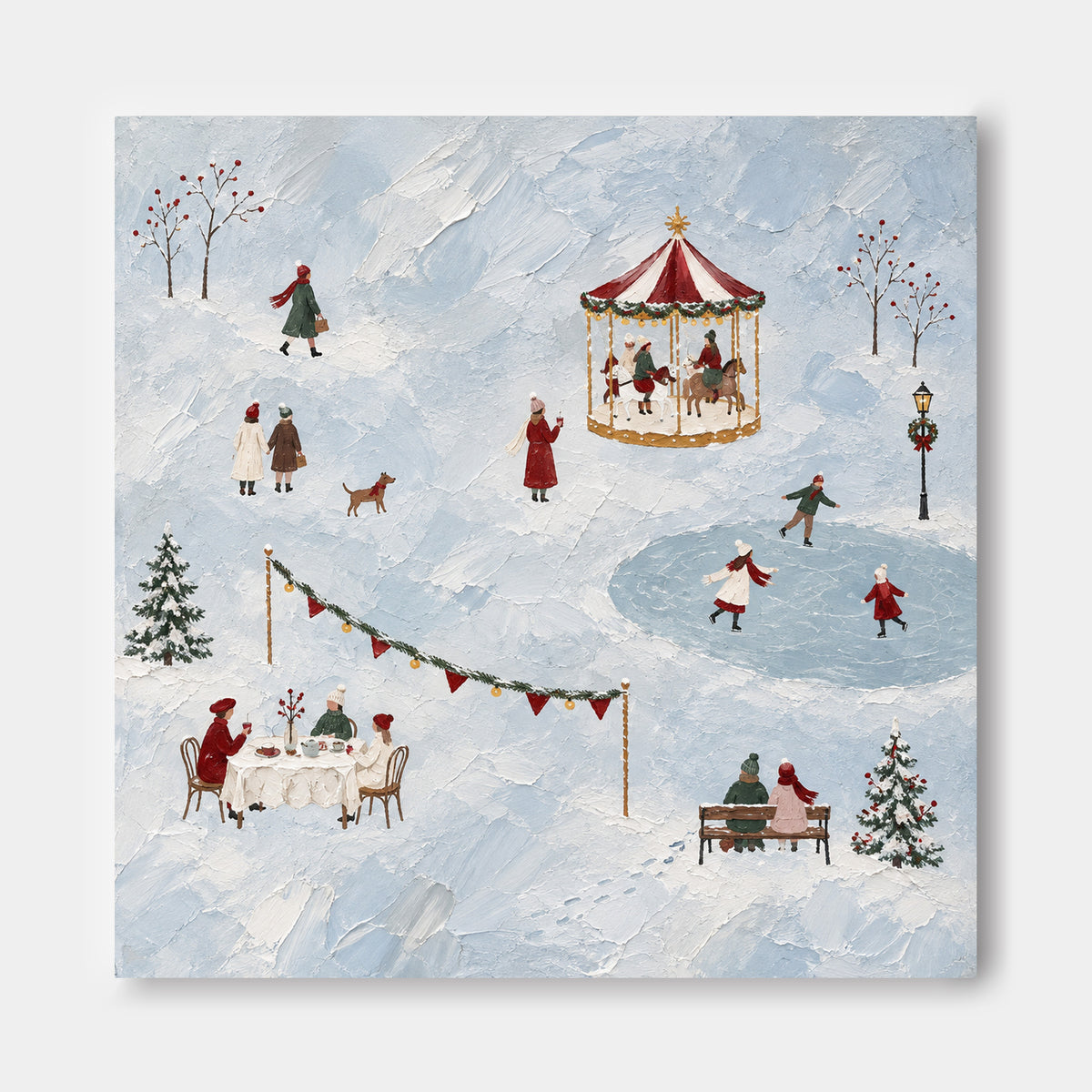 Vintage Christmas Carousel And Ice Skating Scene Hand-Painted Canvas Art In Icy Blue