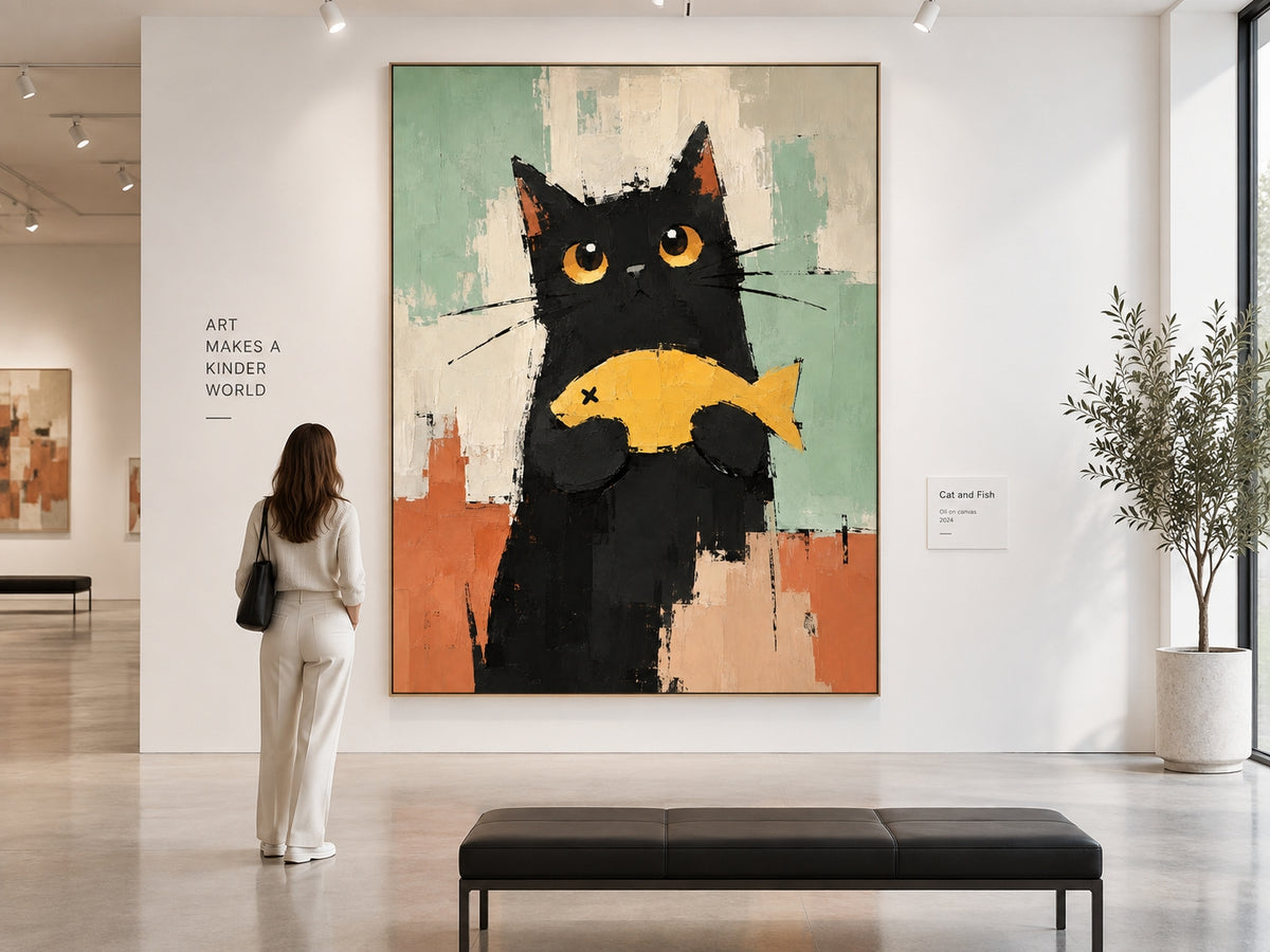 Minimalist Textured Cat Portrait Oil Painting Modern Abstract Home Decor