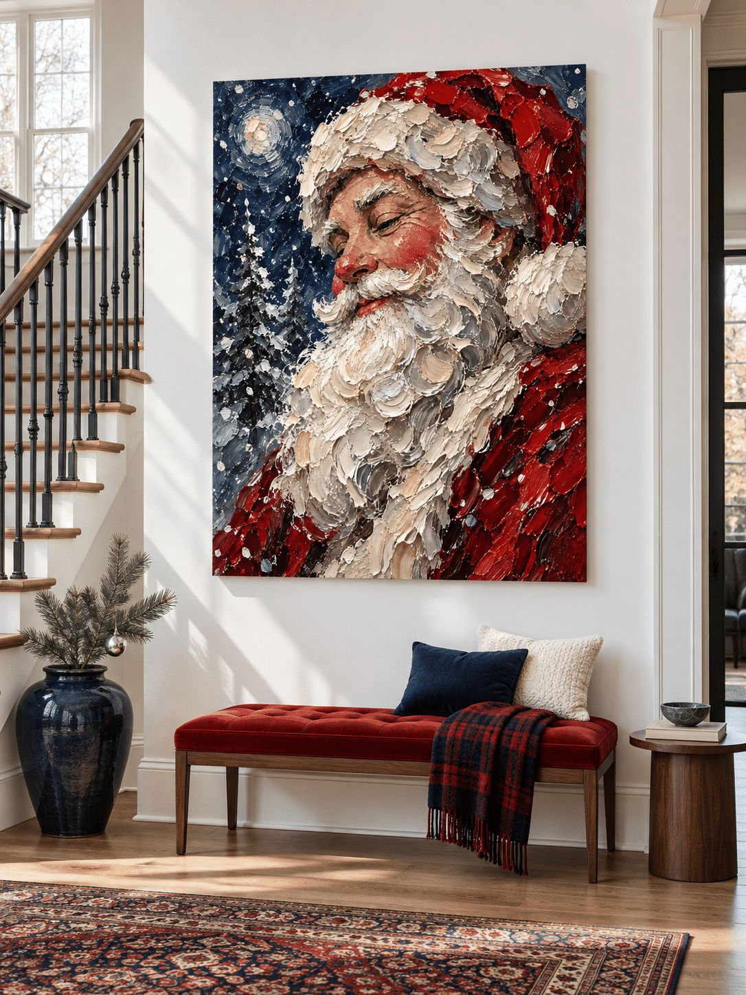 Modern Impressionist Holiday Painting With Serene Santa And Moonlit Sky Design