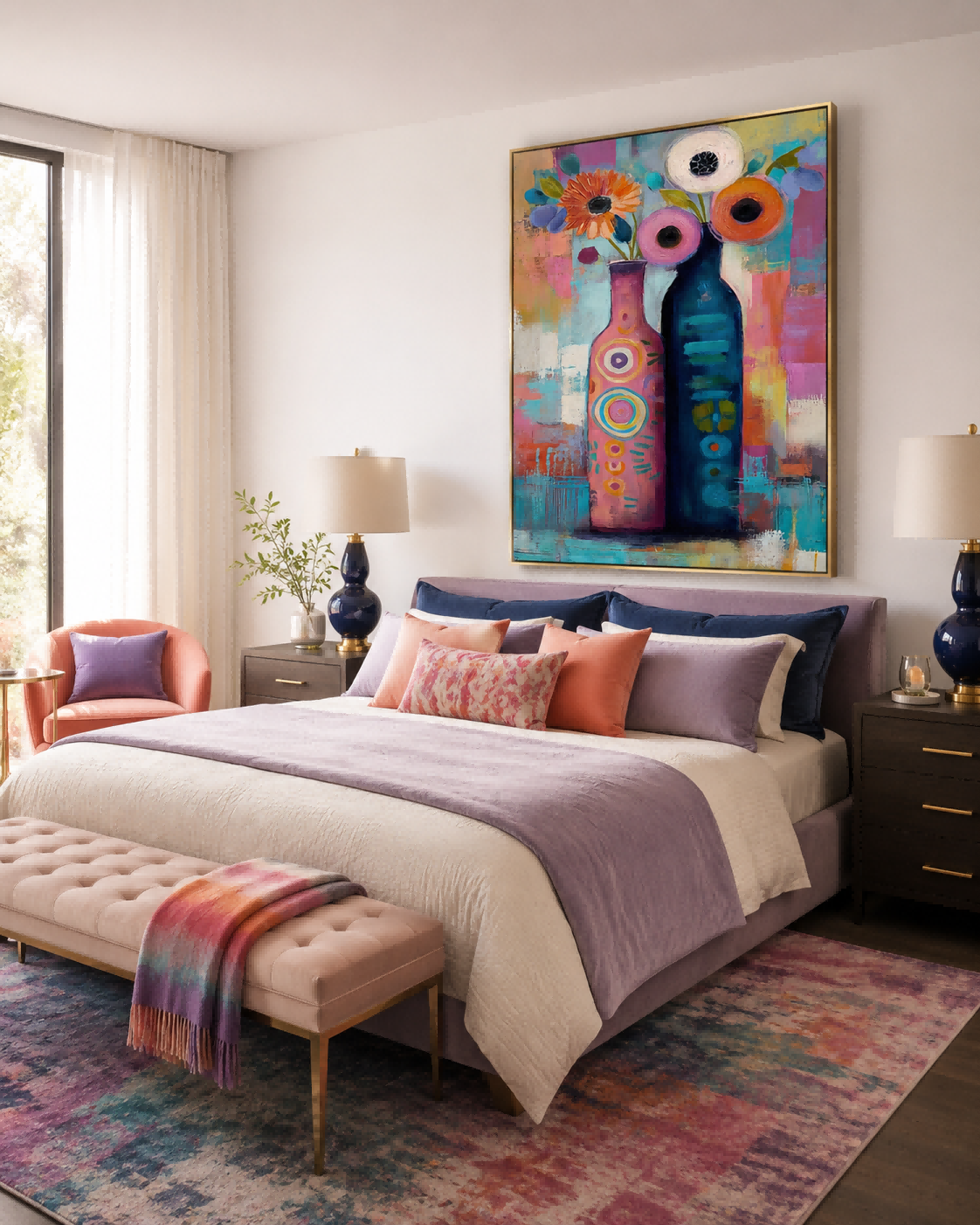 Abstract Vase Flower Painting In Bright Colors Handmade Oil Art For Eclectic Interior Design And Hallway
