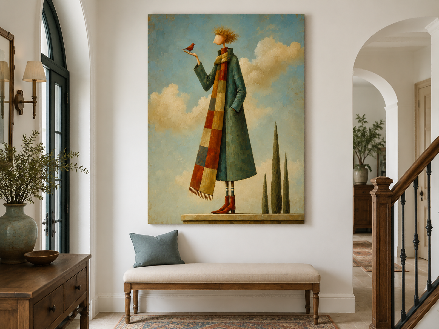 Whimsical Art Deco Painting With Textured Brushwork And Dreamy Sky Atmosphere