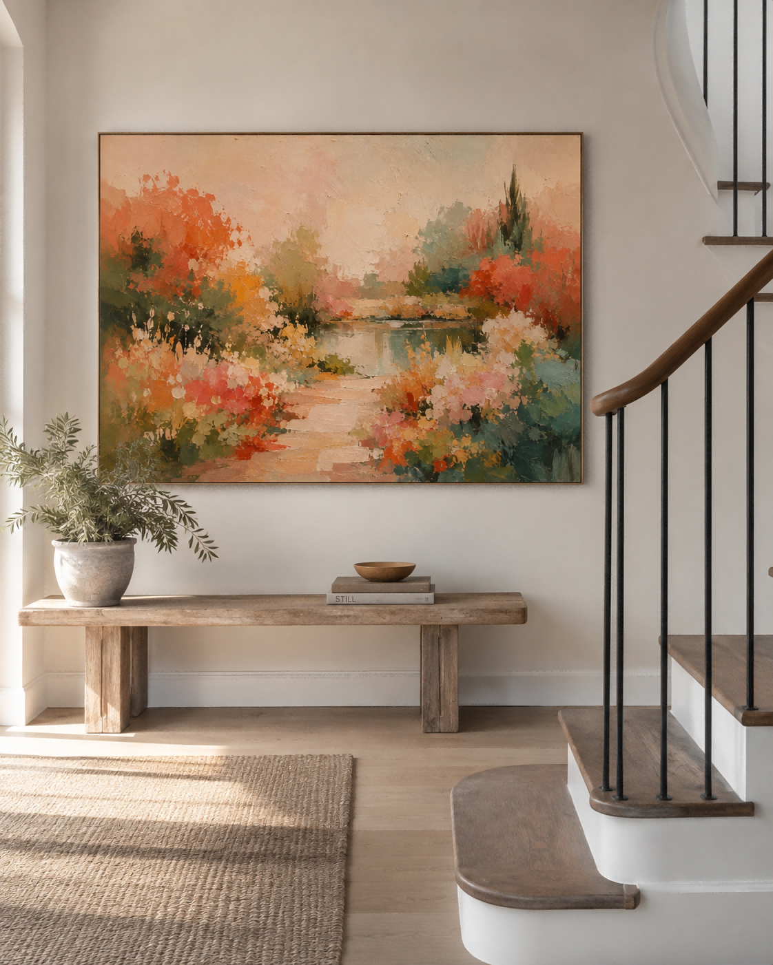Autumn Garden Path Hand-Painted Canvas Art With Warm Orange Tones