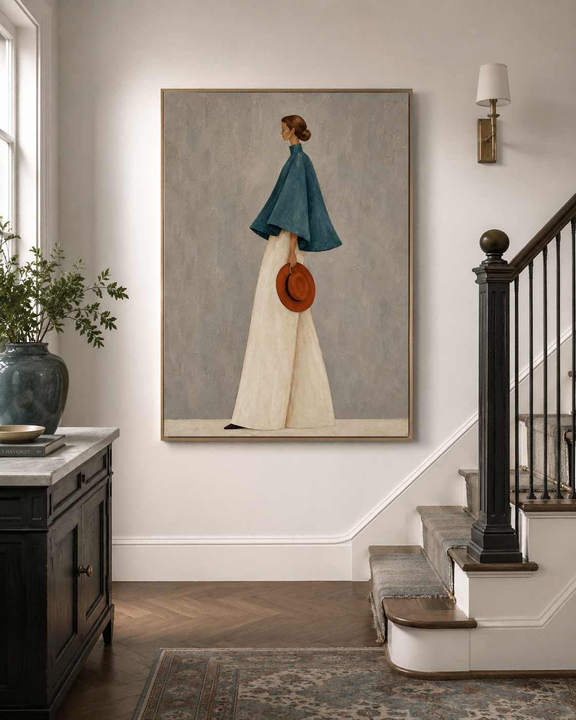 Teal And White Abstract Figure Painting Modern Fashion Art On Canvas