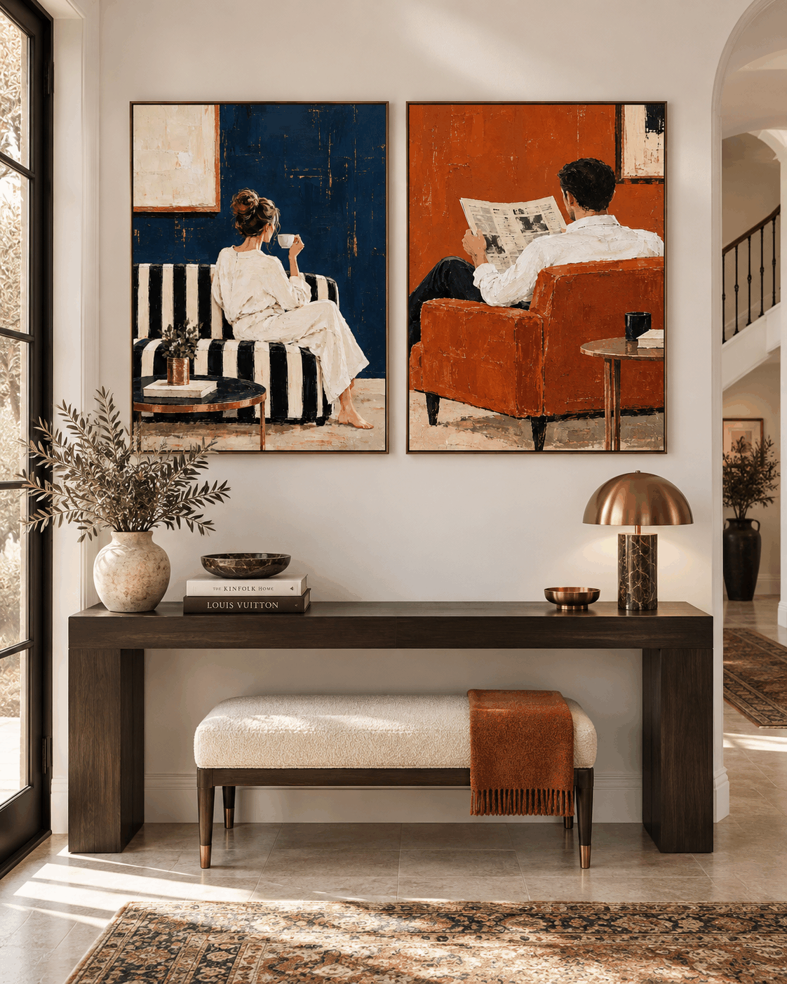 Textured Modern Art Diptych Original Handmade Canvas Painting In Blue And Terracotta Couple Wall Art