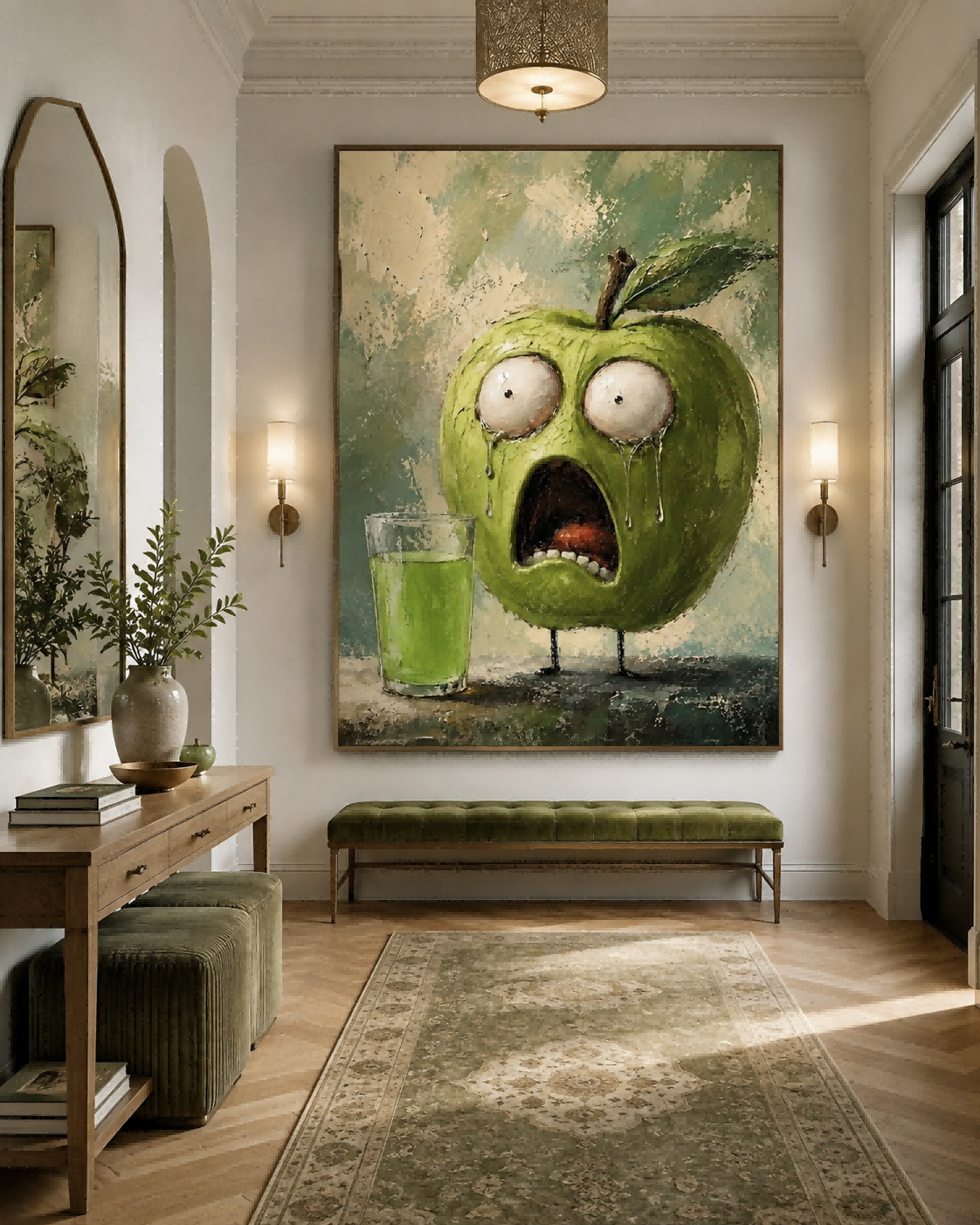 Quirky Anthropomorphic Green Apple Oil Painting With Expressive Face For Eclectic Interiors