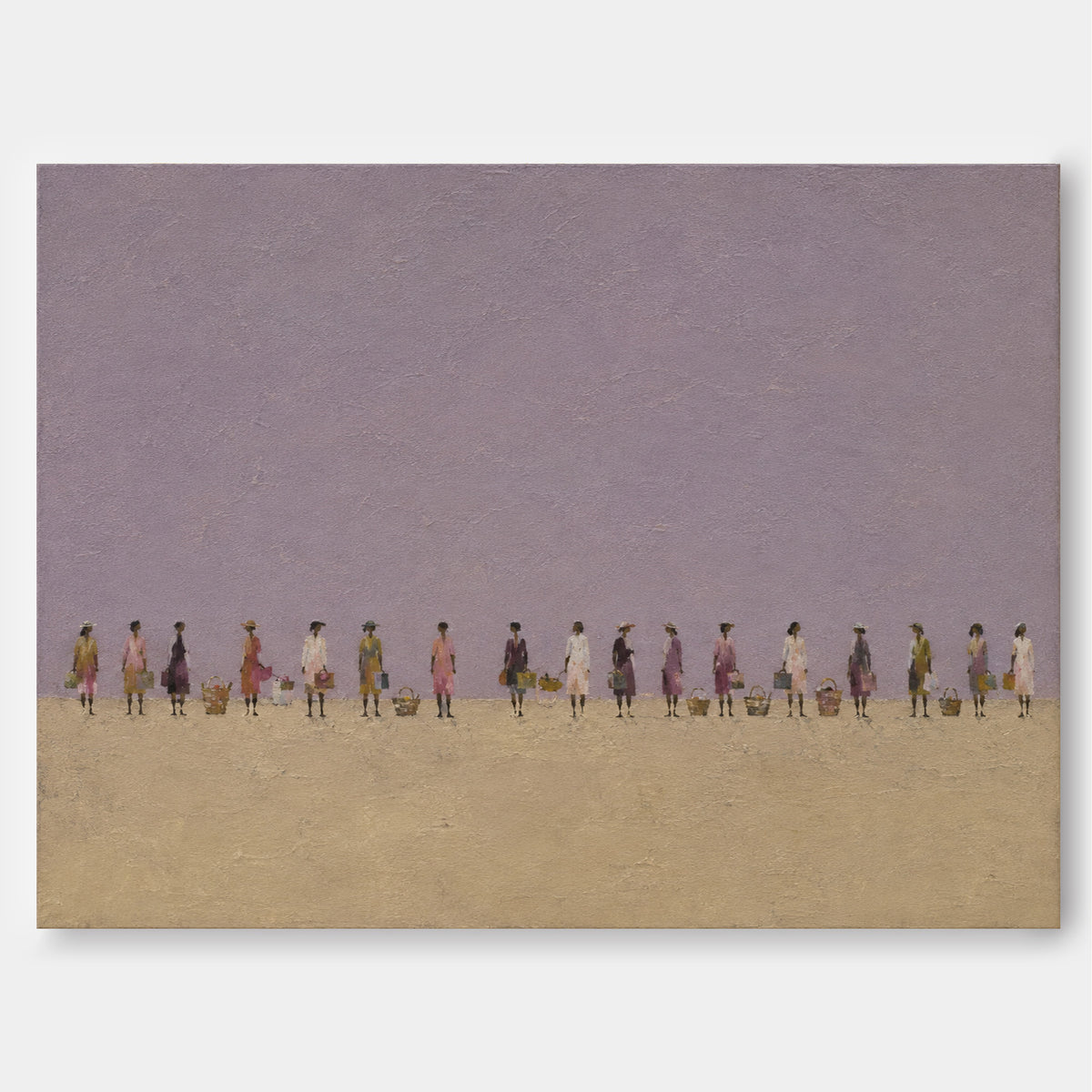 Hand-Painted Women With Baskets Minimalist Canvas Art In Purple And Beige