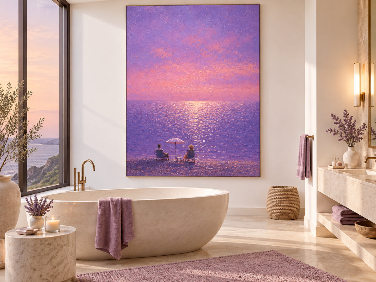 Romantic Purple Seascape Hand-Painted Canvas Art With Golden Sunset Glow
