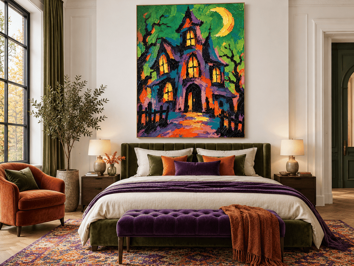 Haunted Manor Painting With Moon Hand-Painted Canvas Art In Purple And Orange Modern Halloween Wall Art