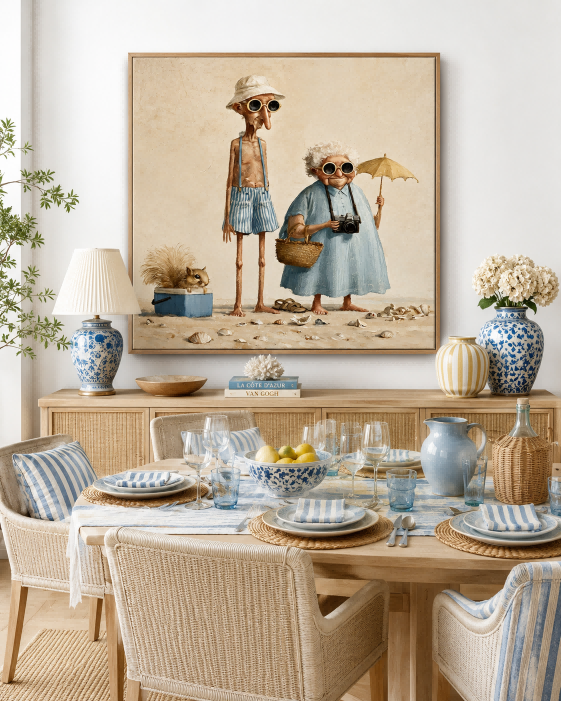 Vintage Couple Beach Painting Square Canvas Wall Art For Living Room Decor