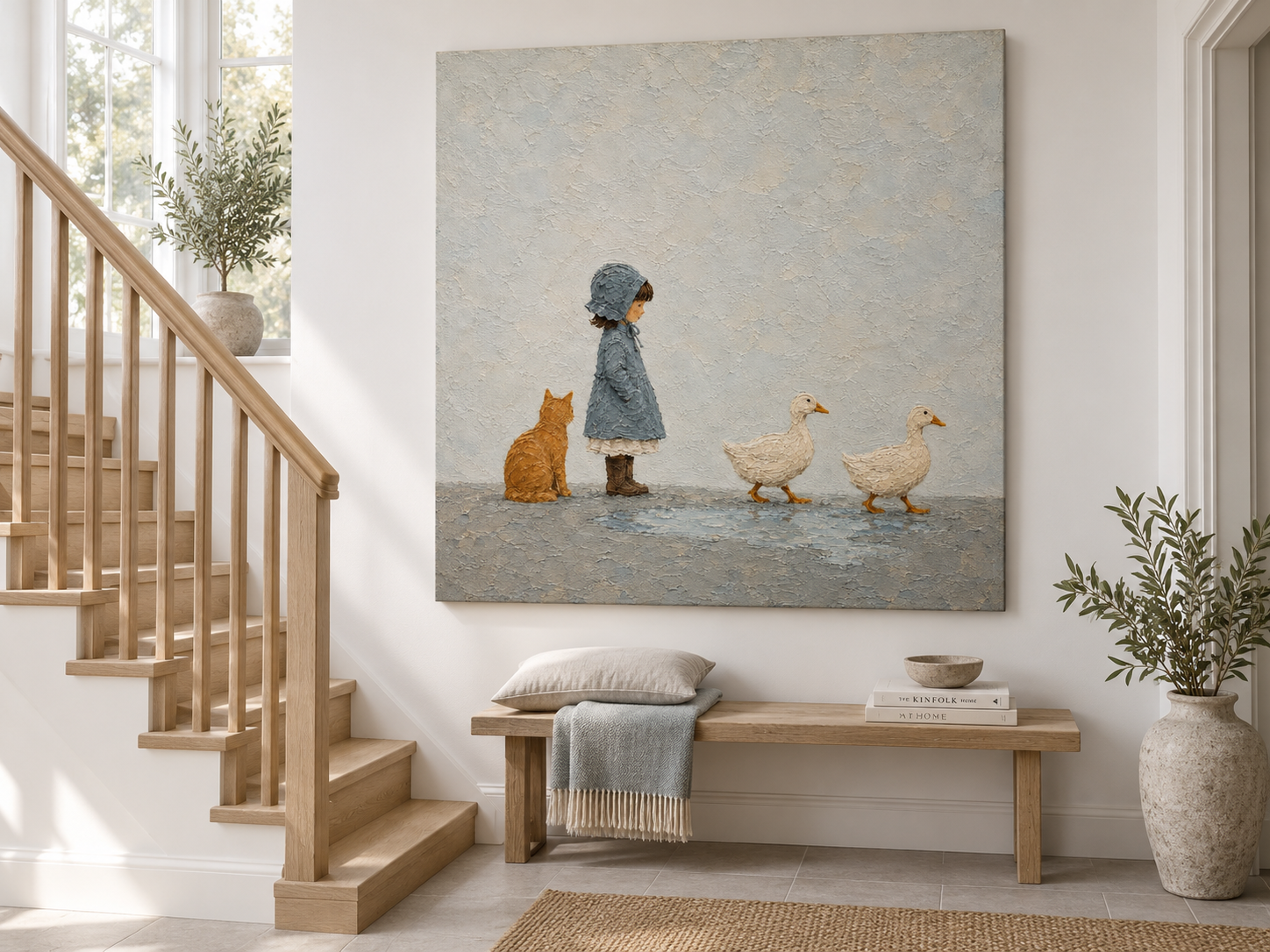 Modern Naive Art Canvas Painting Textured Abstract Animal Scene