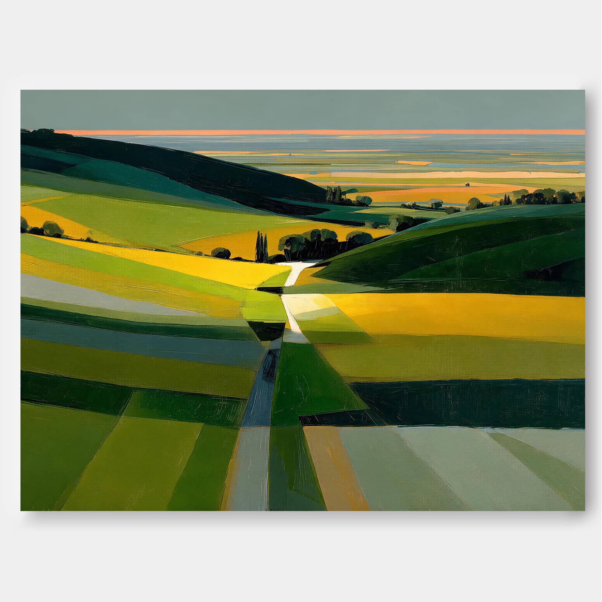 Modern Abstract Landscape Painting With Green And Yellow Fields For Living Room Decor