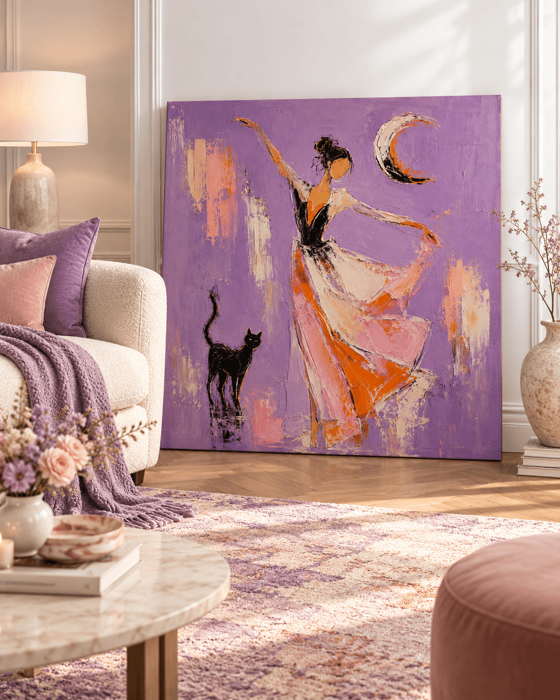Dancing Woman With Black Cat Moon Abstract Canvas Painting