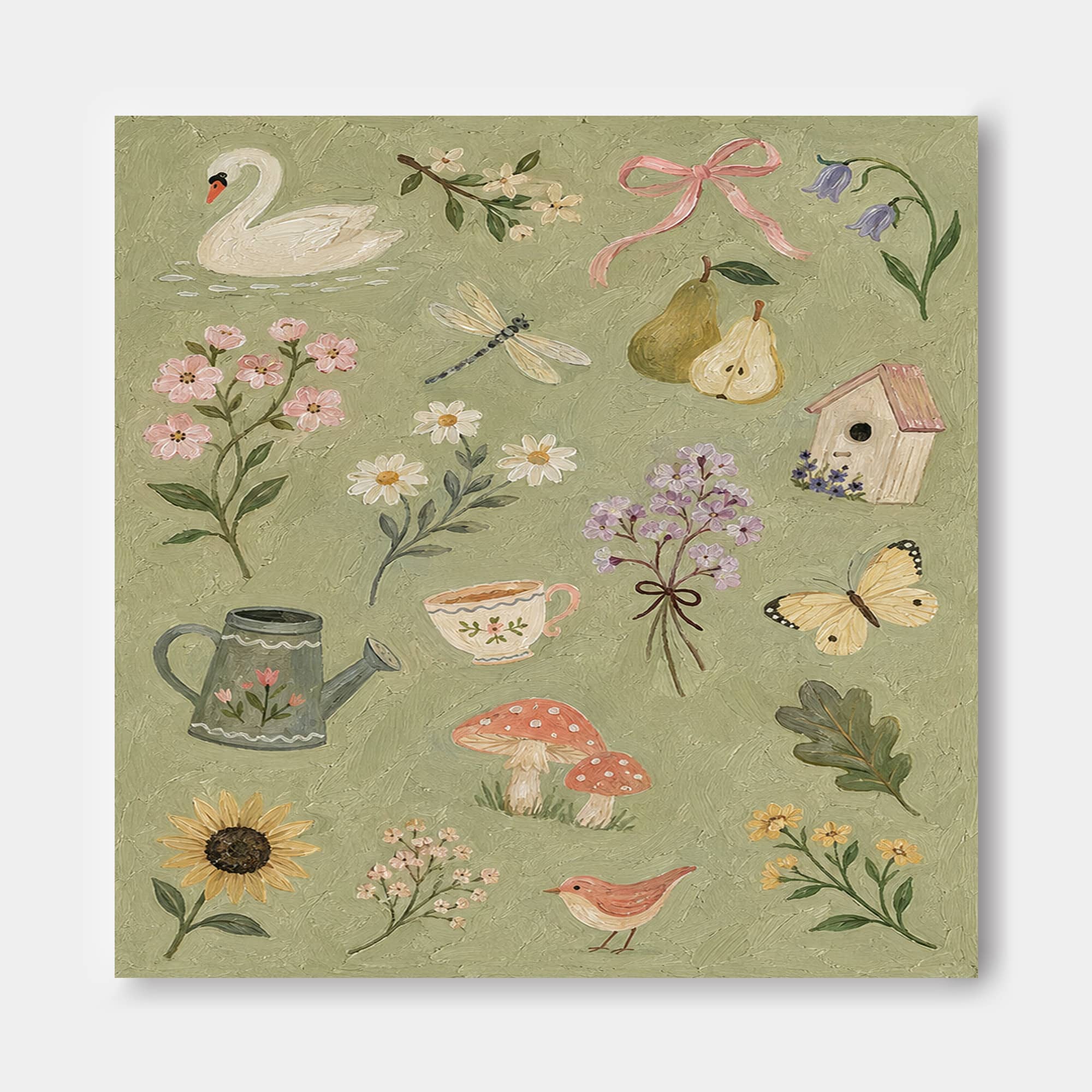 Square Canvas Wall Art Featuring Whimsical Garden Elements In Retro Style
