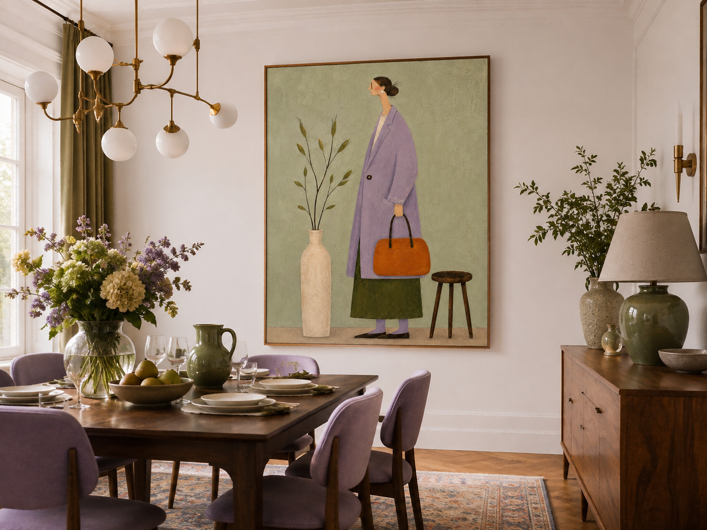 Charming Naive Art Painting Of Woman In Purple Coat For Modern Home Decor