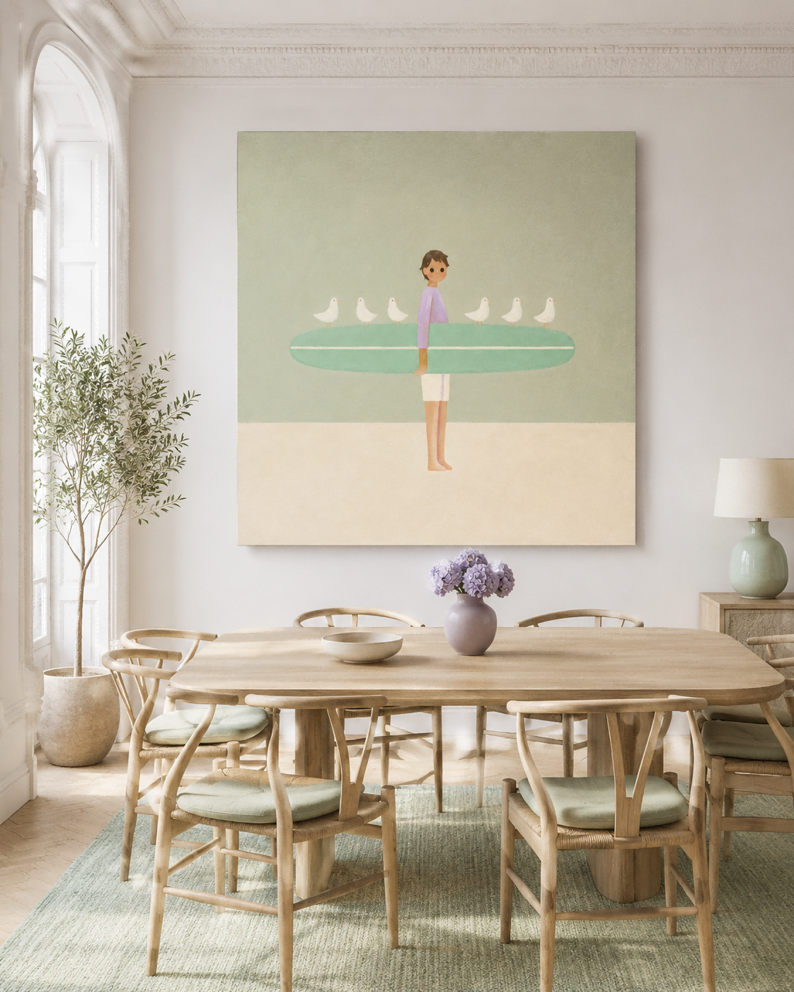 Hand-Painted Surfer With Seagulls On Mint Board Modern Canvas Art