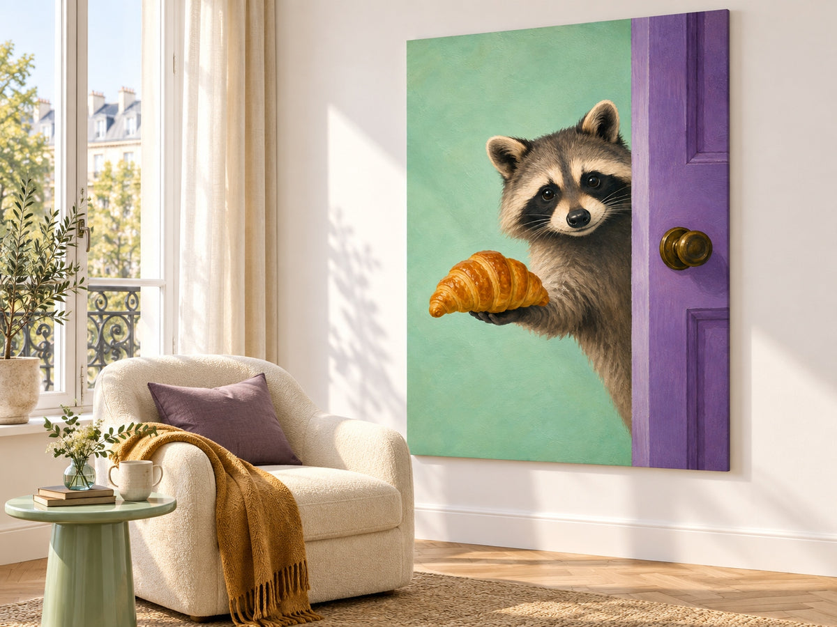 Modern Whimsical Raccoon Portrait Oil Painting Mint Green And Violet Tones