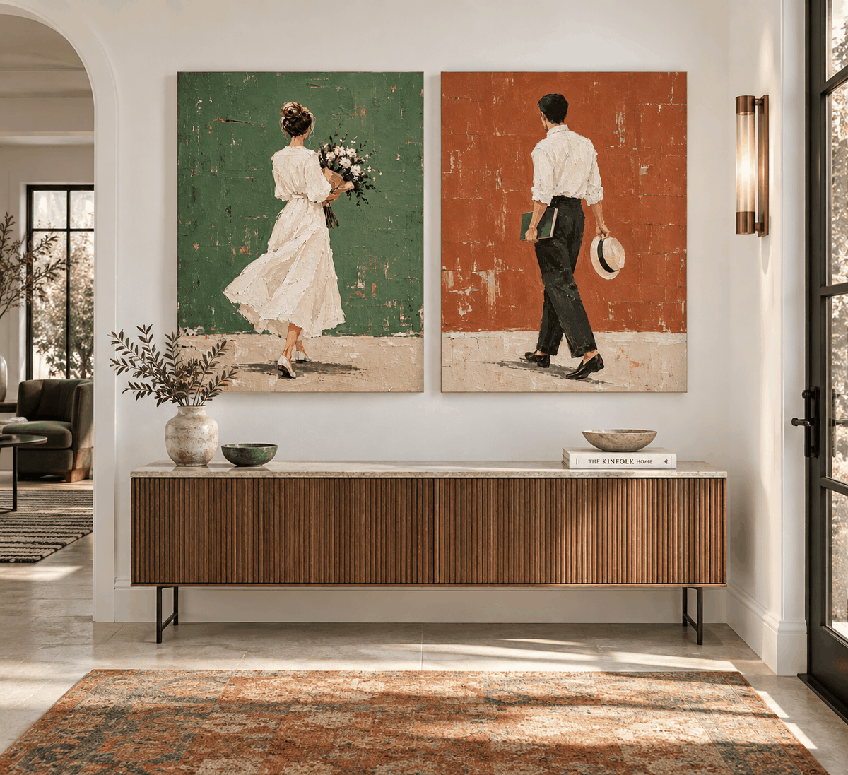 Vintage Couple Walking Hand-Painted Canvas Art Set Green Red Wall