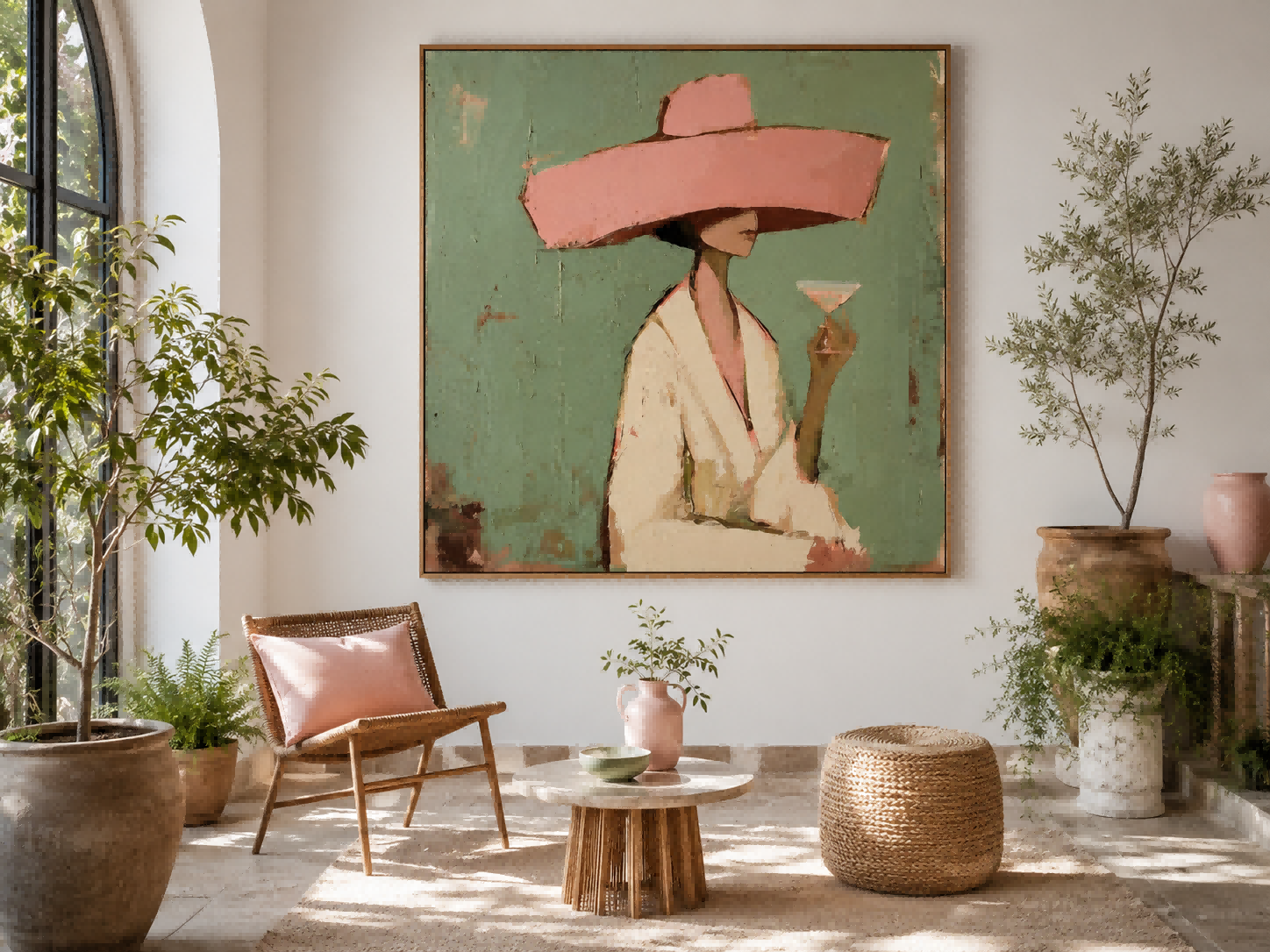 Vintage Minimalist Woman Painting With Pink Hat Green Background For Living Room Decor