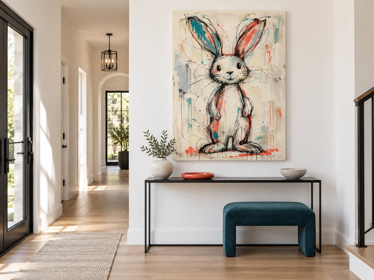 Hand-Painted Graffiti Rabbit Canvas Art With Teal And Coral Accents