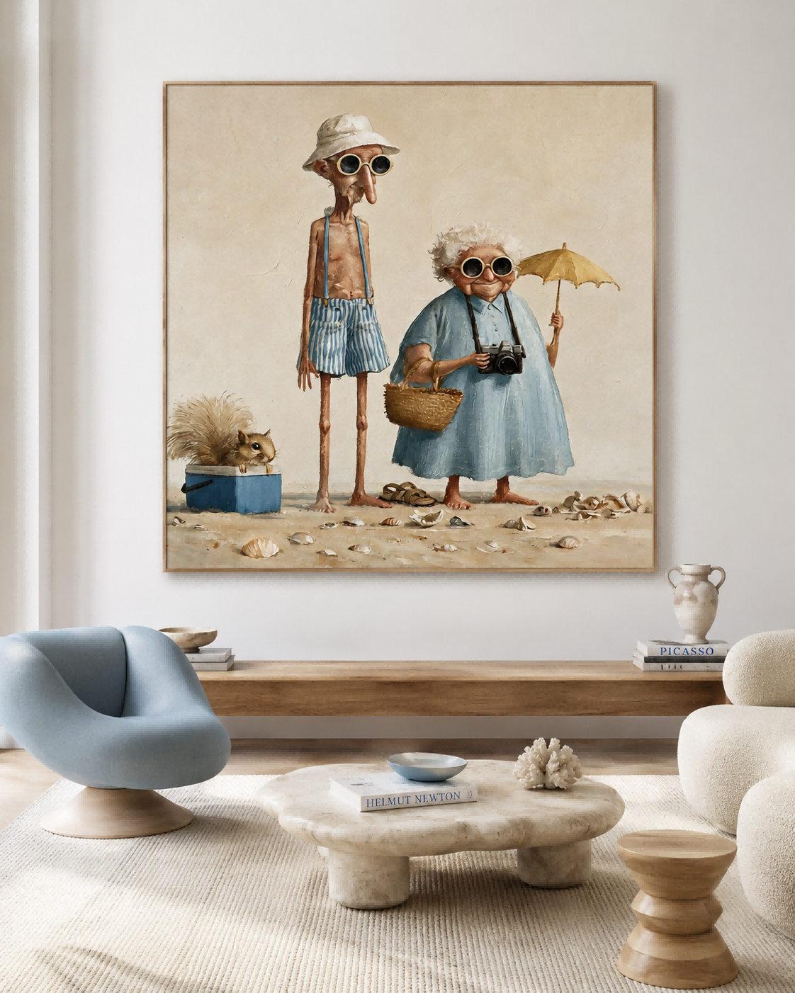 Vintage Couple Beach Painting Square Canvas Wall Art For Living Room Decor