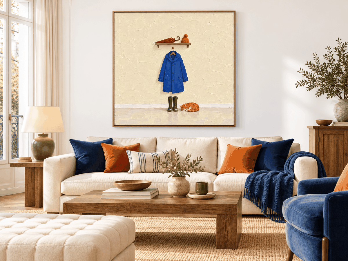 Hand-Painted Blue Coat And Sleeping Cat Canvas Art For Pet Lovers