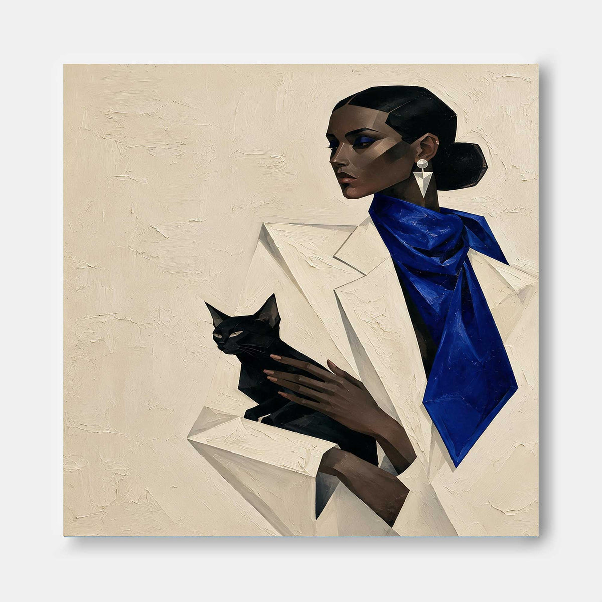 Geometric Woman With Black Cat Hand-Painted Canvas Art In Blue And Beige