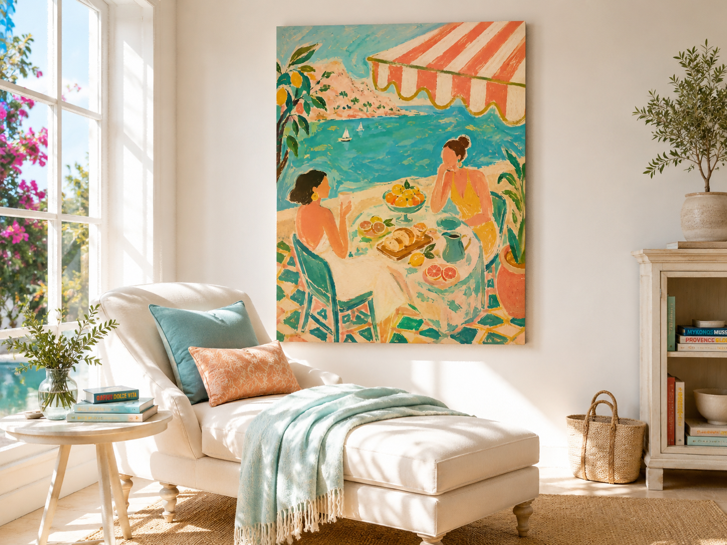 Seaside Tea Party Women Art Deco Canvas Painting With Citrus And Ocean View