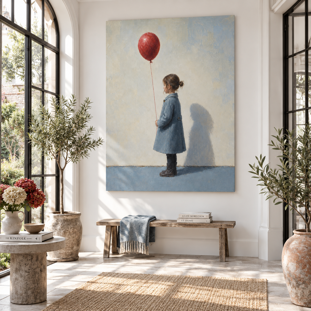 Abstract Naive Art Canvas Painting Red Balloon Gray Background Home Decor