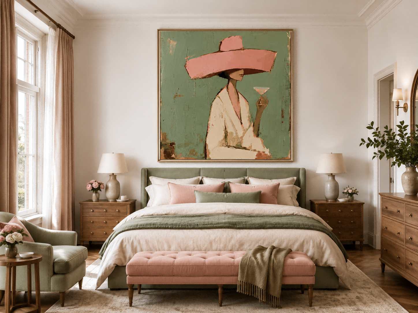 Vintage Minimalist Woman Painting With Pink Hat Green Background For Living Room Decor
