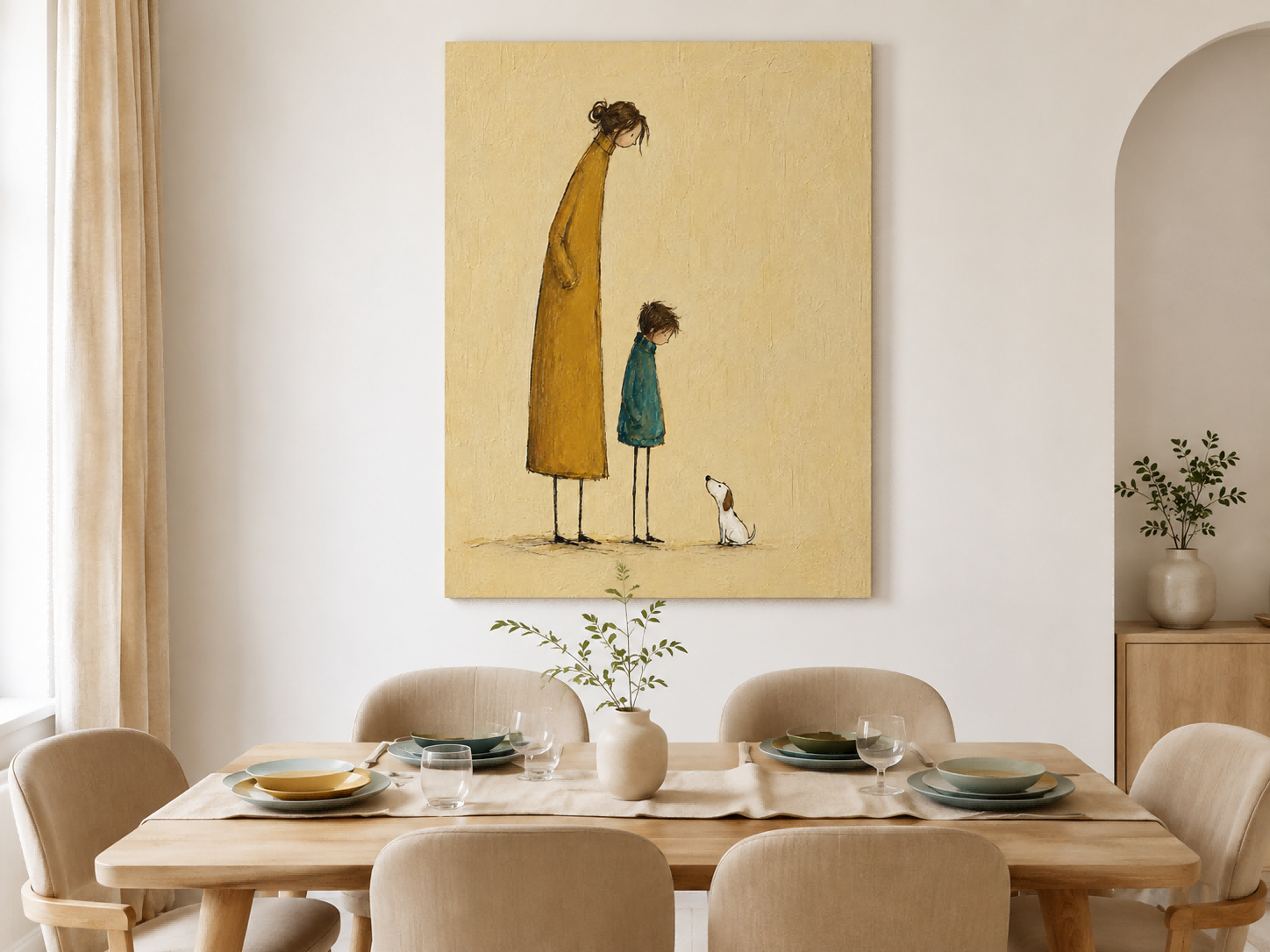 Naive Art Painting Of Mother Child And Dog For Modern Home Decor