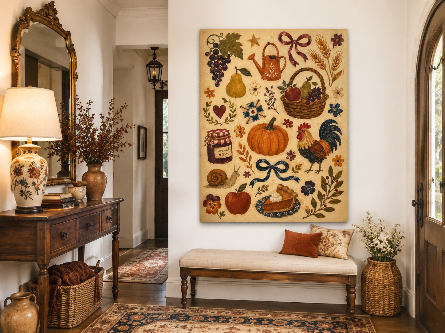 American Country Style Wall Art Vintage Collage Of Fruits And Flowers On Canvas