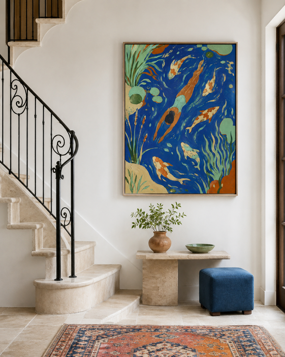 Art Deco Style Swimming Scene Original Canvas Painting With Fish