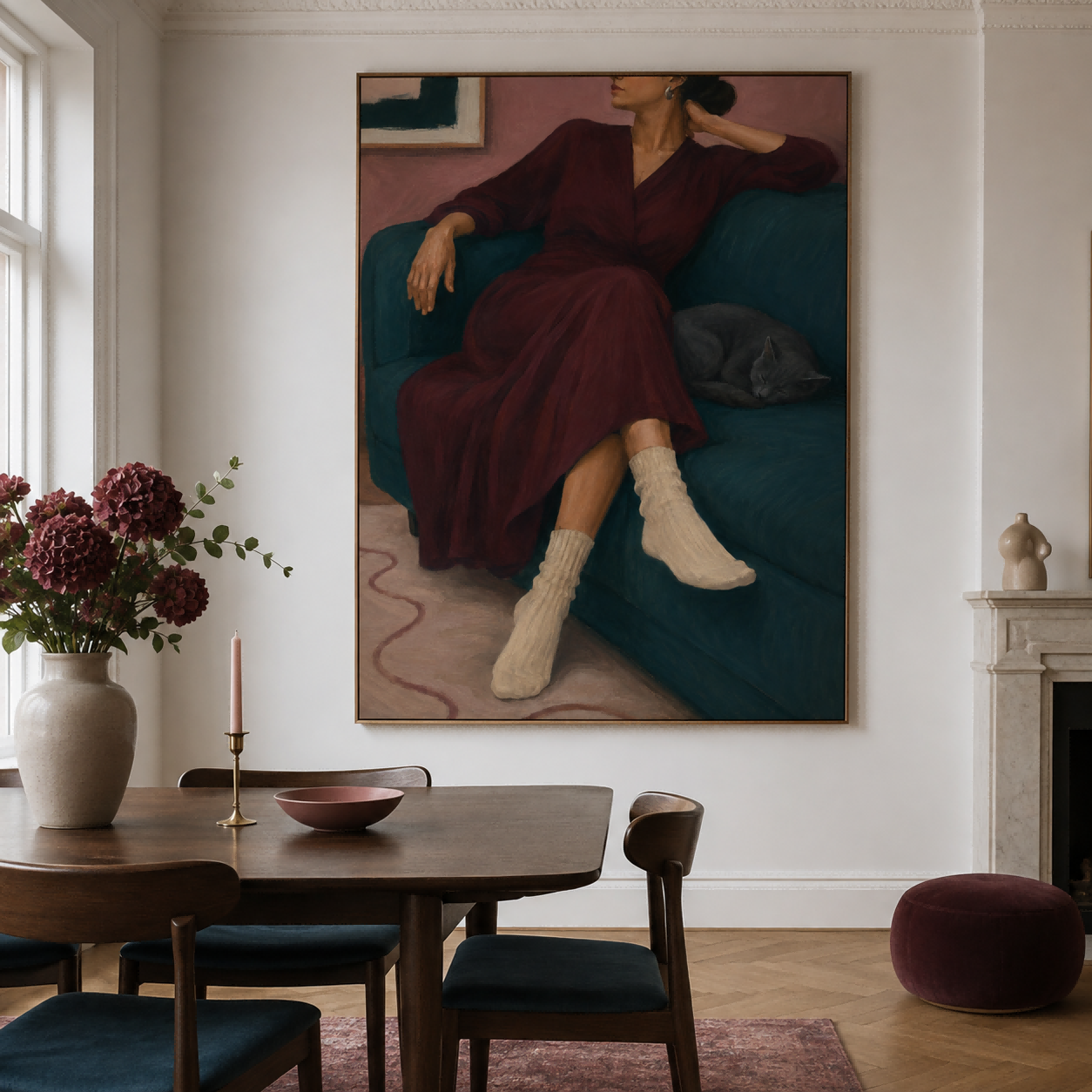Elegant Living Room Wall Art With Woman And Sleeping Cat In Warm Tones